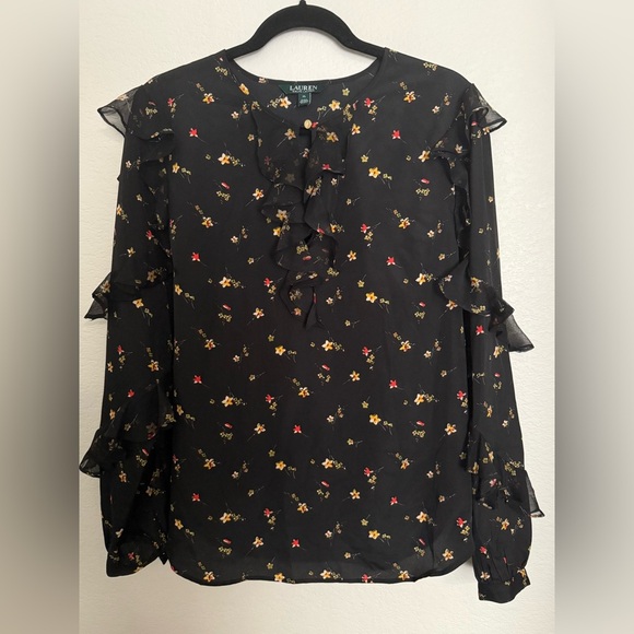 LAUREN RALPH LAUREN Women's Floral Print Ruffled Keyhole Blouse Shirt Top - Picture 6 of 9